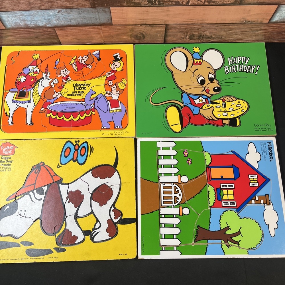Vtg- 4 Playskool / Connor Wooden Puzzles -Circus Digger The Dog  Birthday  House